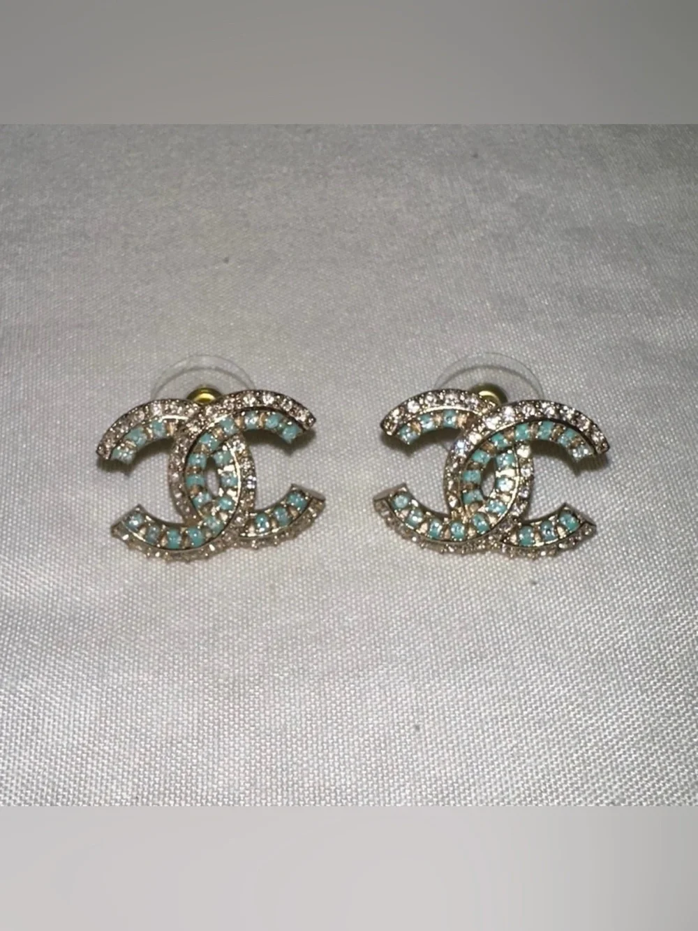 Chanel 19K Gold-tone and Green Crystal Stones CC Logo Stud Earrings